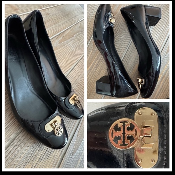 Tory Burch RARE Black Patent Leather Block Heels with logo locket - Picture 15 of 15